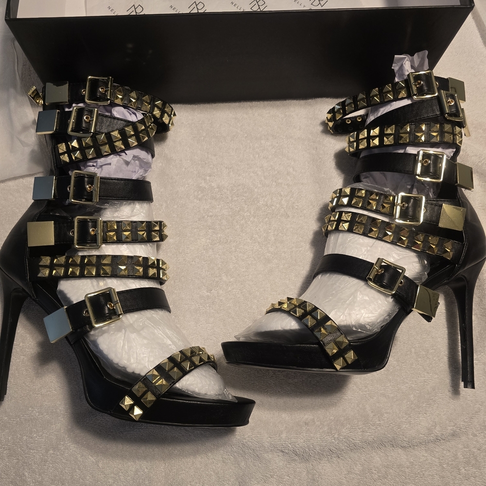 Elegant Black and Gold Studded Heels